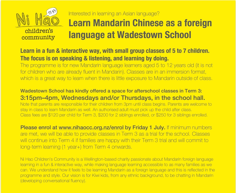 Newsletter insert for Wadestown School